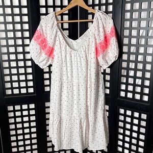 🤍LOFT White Midi Dress Pink Lace Accents Lined Comfy Soft Cotton Blend M🤍